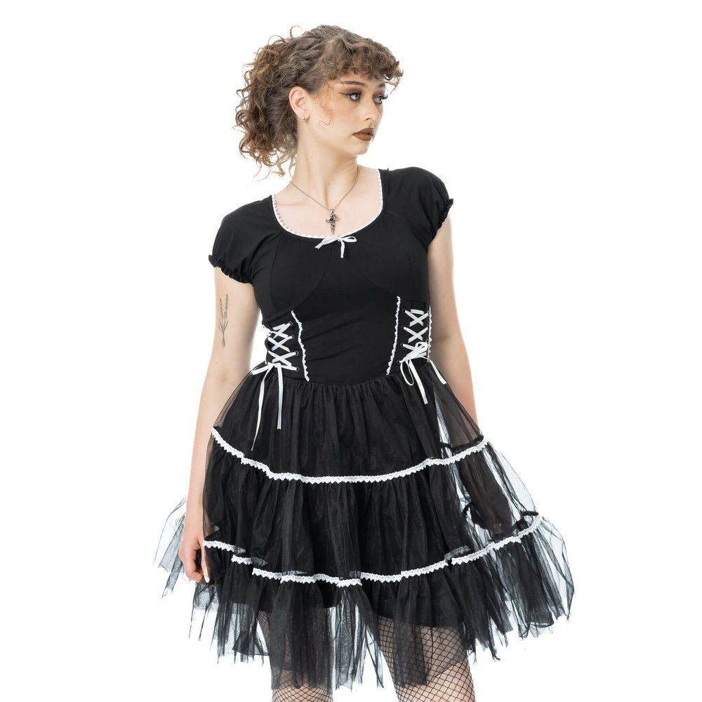 Poizen Industries - Phantom Waltz Kurzes Kleid - Schwarz/Weiß